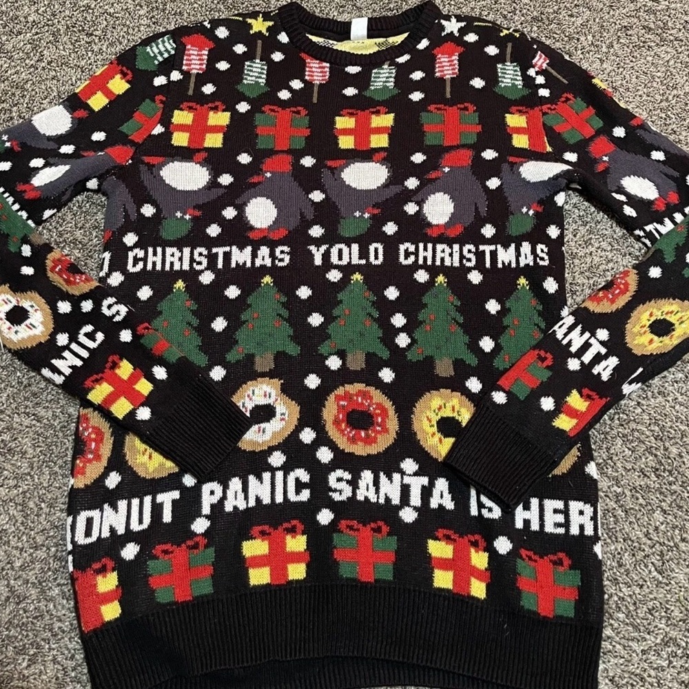 H&M Divided Ugly Christmas Sweater Unisex Medium YOLO Donut Panic, It’s Santa M